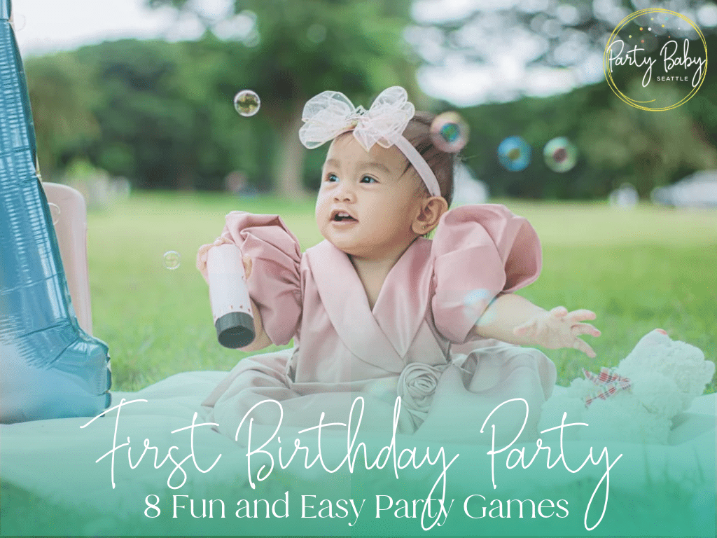 Baby playing at a first birthday party, one of 8 first birthday party games and activities.