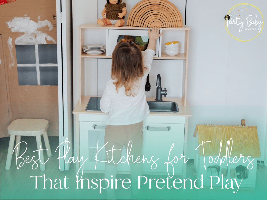 Toddler playing on a pretend kitchen set