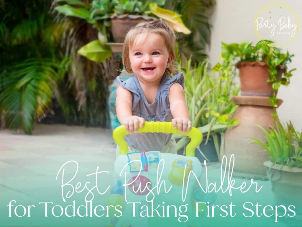 Toddler pushing a wooden walker across a living room floor